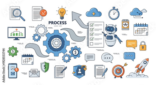Illustration of business process automation with gears, icons, and robot assistant.