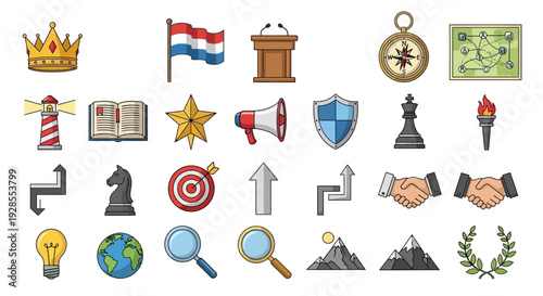 Collection of various colorful icons representing different concepts and objects.