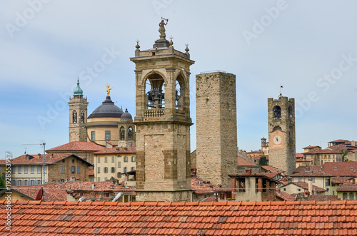 Panoramic View of Historic Bergamo Citta Alta with Bell Towers and Basilica Dome