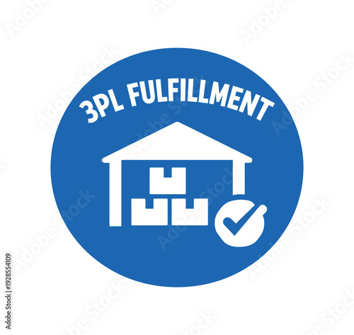 Flat vector badge 3PL FULFILLMENT simple white warehouse with checkmark