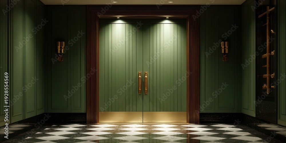Fototapeta premium Chic green doors reveal luxe hidden spaces