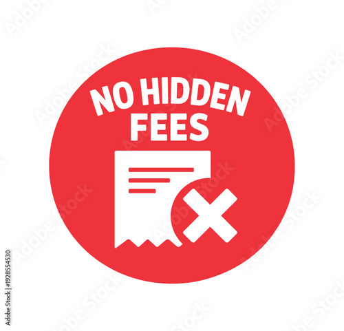 Flat vector badge NO HIDDEN FEES simple white receipt with cross