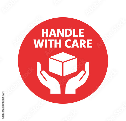 Flat vector badge HANDLE WITH CARE simple white hands holding box