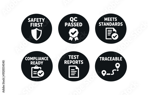 badge texts and icons: SAFETY FIRST with shield icon QC PASSED with checkmark badge icon MEETS STANDARDS with document and checkmark icon COMPLIANCE READY with clipboard and checkmark icon