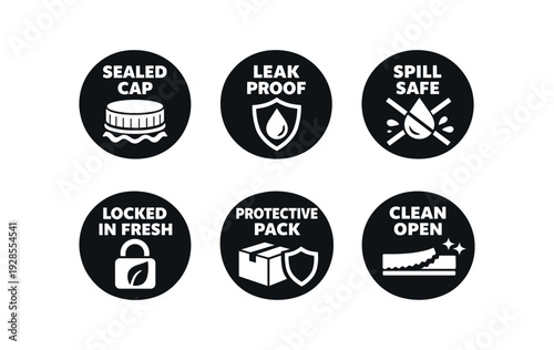 badge texts and icons: SEALED CAP with cap and seal icon LEAK PROOF with droplet and shield icon SPILL SAFE with crossed droplet splash icon LOCKED FRESH with padlock and leaf icon