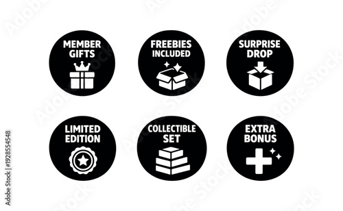 badge texts and icons: MEMBER GIFTS FREEBIES INCLUDED SURPRISE DROP LIMITED EDITION COLLECTIBLE SET EXTRA BONUS icons: gift with crown small box with sparkle box with down arrow stamp seal