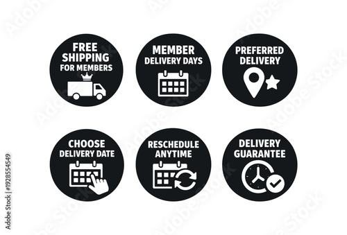 badge texts and icons: FREE SHIPPING FOR MEMBERS with delivery truck and crown icon MEMBER DELIVERY DAYS with calendar icon PREFERRED DELIVERY with map pin and icon CHOOSE DELIVERY DATE