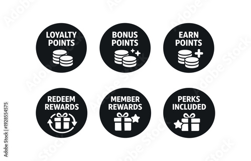badge texts and icons: LOYALTY POINTS with coin icon BONUS POINTS with coin and sparkle icon EARN POINTS with coin and plus sign icon REDEEM REWARDS with gift and arrows icon MEMBER REWARDS