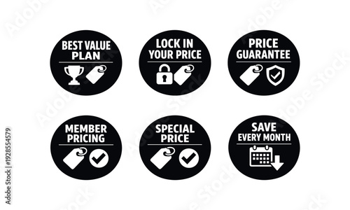 badge texts and icons: BEST VALUE PLAN with trophy and price tag icon LOCK YOUR PRICE with padlock and price tag icon PRICE GUARANTEE with price tag and shield icon MEMBER PRICING with