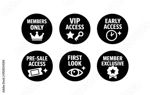 badge texts and icons: MEMBERS ONLY with crown icon VIP ACCESS with and key icon EARLY ACCESS with clock and icon PRE SALE ACCESS with ticket and icon FIRST LOOK with eye and sparkle icon