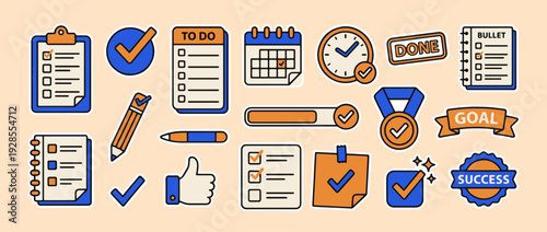 Essential Task Emblems: A vibrant array of task-related icons designed to visually represent essential to-do list items, deadlines, and success.