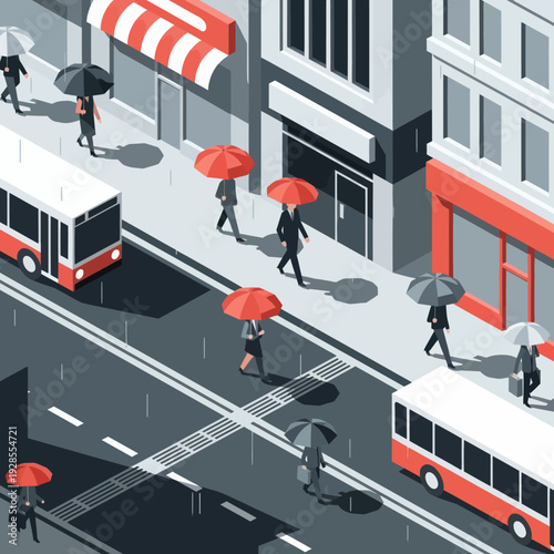 People Walking with Umbrellas on City Street.