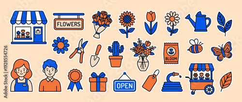 Floral Business Showcase: A colorful array of floral-related illustrations, including a flower shop, bouquets, sunflowers, tulips, watering can, gardening tools, a bee, and a butterfly.
