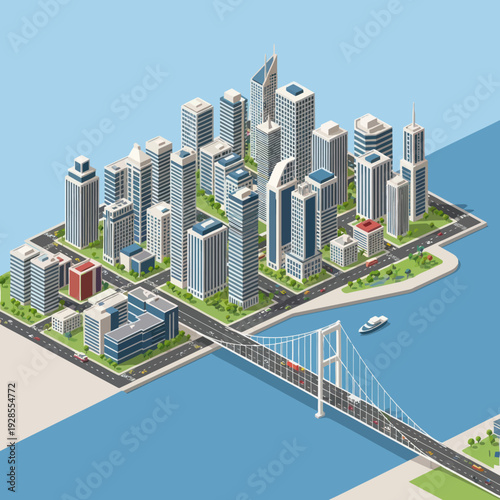 Cuadro en lienzo 3D Cityscape with Modern Skyscrapers and Bridge.