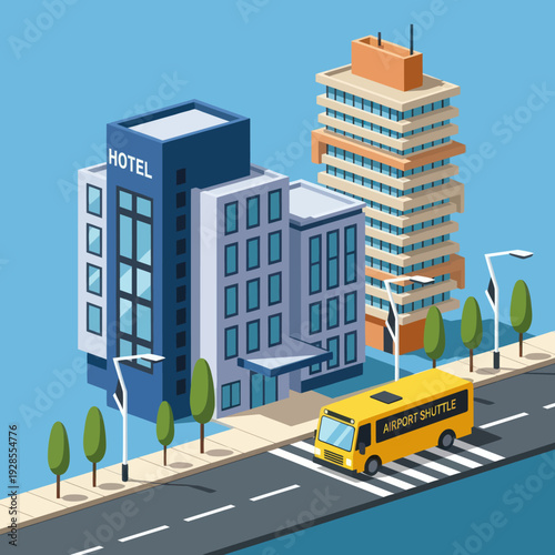 Isometric Hotel Buildings and Shuttle Bus.
