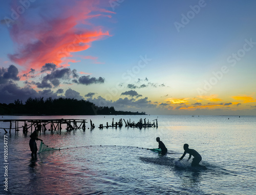 Fishermen on the coast of Mauritius Island, Tamarind Beach, Africa	