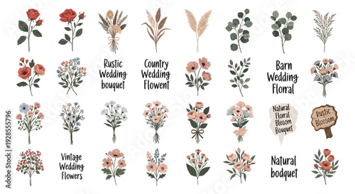 Collection of various rustic and vintage wedding floral arrangements and bouquets.