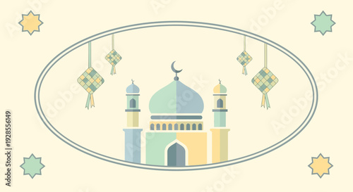 Elegant Islamic mosque with crescent moon and traditional ketupat decorations.