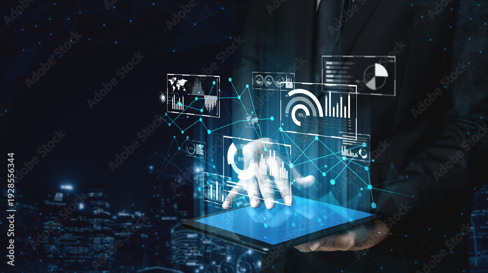 Obraz premium Big data and analytics support real-time insights, predictive modeling, and data-driven decisions for business intelligence and growth. Vouch
