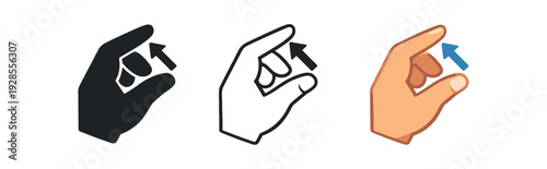 Pinch gesture with two fingers vector icon set three styles: black solid silhouette thin black outline and flat colored with solid fills. Clean professional design sharp edges