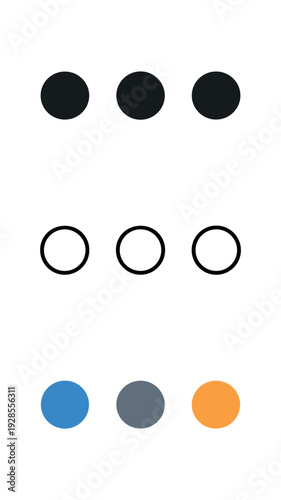 Ellipsis three horizontal dots for more options vector icon set three styles: black solid silhouette thin black outline and flat colored with solid fills. Clean professional design sharp