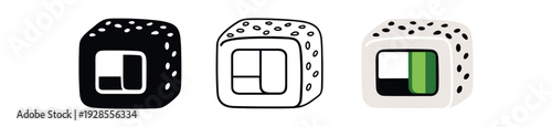 Cheese roll with cream cheese and cucumber inside with sesame seeds vector icon set three styles: black solid silhouette thin black outline and flat colored with solid fills. Clean