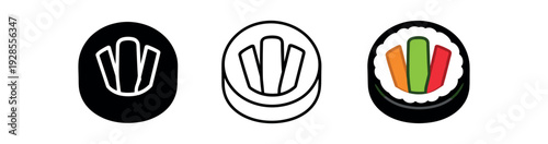 Vegetable rainbow roll with carrot cucumber and bell pepper cross section vector icon set three styles: black solid silhouette thin black outline and flat colored with solid fills. Clean