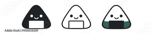 rice ball onigiri triangle with nori strip and vector icon set three styles: black solid silhouette thin black outline and flat colored with solid fills. Clean professional design sharp