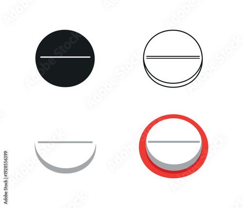 Round white tablet with score line center for fever reducer paracetamol type pill icon set four styles: black solid silhouette thin black outline flat colored anatomical illustration and
