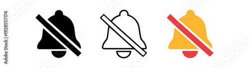 Bell with slash through it for muted notifications UI icon vector icon set three styles: black solid silhouette thin black outline and flat colored with solid fills. Clean professional