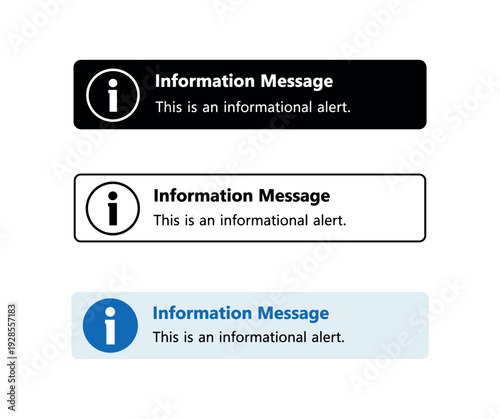 Toast notification with info circle for informational message UI icon vector icon set three styles: black solid silhouette thin black outline and flat colored with solid fills. Clean