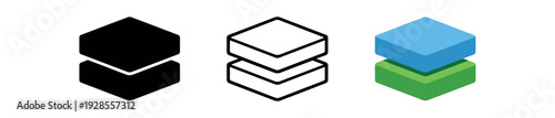 Duplicate icon two identical items stacked for clone action UI icon vector icon set three styles: black solid silhouette thin black outline and flat colored with solid fills. Clean