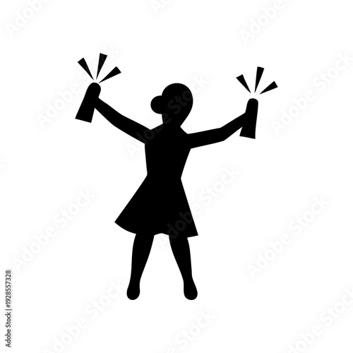 Celebratory figure holding two small flags in a triumphant pose
