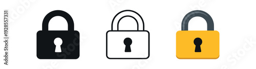 Lock icon closed padlock for lock content action UI icon vector icon set three styles: black solid silhouette thin black outline and flat colored with solid fills. Clean professional design