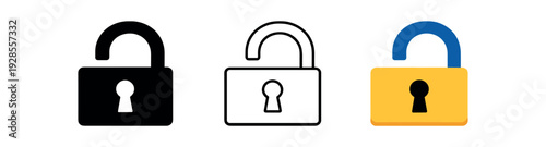 Unlock icon open padlock for unlock content action UI icon vector icon set three styles: black solid silhouette thin black outline and flat colored with solid fills. Clean professional