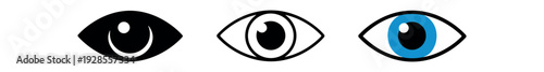 Show eye open for reveal content action UI icon vector icon set three styles: black solid silhouette thin black outline and flat colored with solid fills. Clean professional design sharp