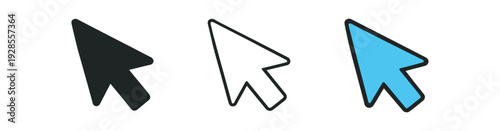 Default arrow cursor pointing up and left UI icon vector icon set three styles: black solid silhouette thin black outline and flat colored with solid fills. Clean professional design sharp