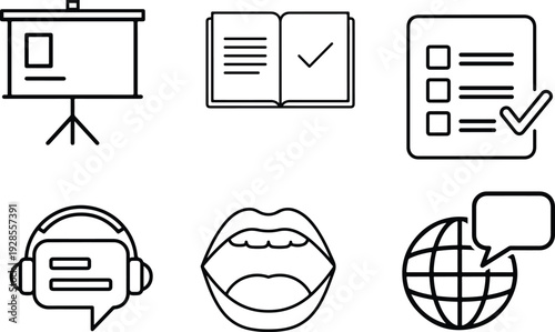 Presentation and Communication Line Icon Set with Checklist, Book, Speech and Online Support Elements 