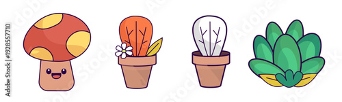 Cute kawaii collection of cartoon plants and mushroom characters.