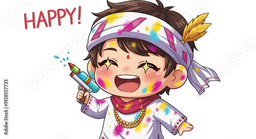 A cheerful chibi boy celebrates Holi with colorful powder and a joyful smile on his face
