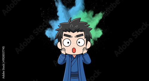 A chibi-style cartoon boy with a shocked expression surrounded by colorful smoke on a black background