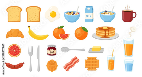 Flat lay illustration of various breakfast foods and utensils on a clean white background with a colorful and appetizing mood.