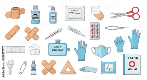 Flat lay of assorted first aid kit items on a clean white background, including bandages and medical tools.