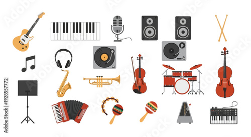 Flat lay of various musical instruments and equipment on a white background, showcasing a collection of music gear in a lifestyle setting.