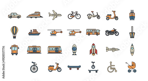 A flat lay of various transportation icons including cars, planes, and bicycles arranged on a clean white background with a focus on vehicles and a neutral color palette.