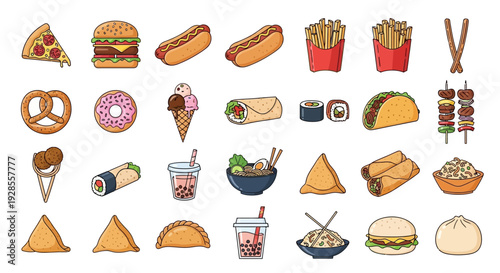 Flat lay illustration of various fast food items and snacks arranged on a clean white background.