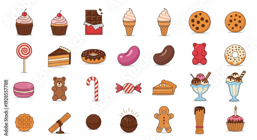 Flat lay of various sweet food items, including cupcakes, cookies, candies, and desserts, arranged on a clean white background.