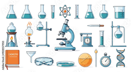 Set of various scientific laboratory equipment and tools for chemistry experiments.