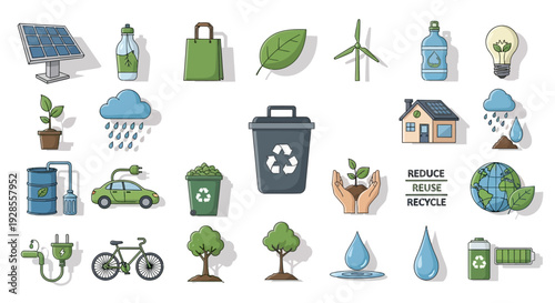 Collection of eco-friendly and sustainable living icons representing green energy and recycling.