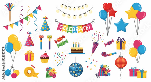 Colorful party celebration elements including balloons, gifts, cake, and decorations.